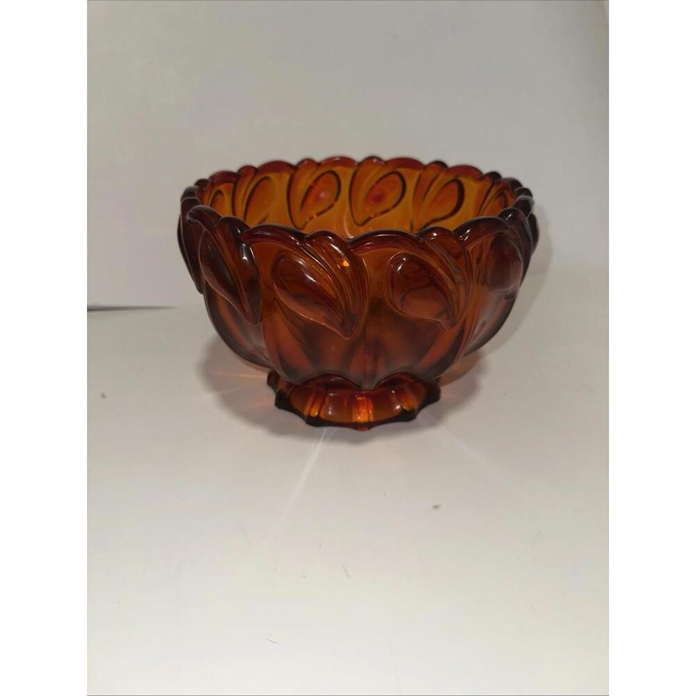 Indiana Tiara Ruby Cadmium Amberina UV Glow Glass Leaf Pattern Heavy Bowl MCM - Picture 2 of 8